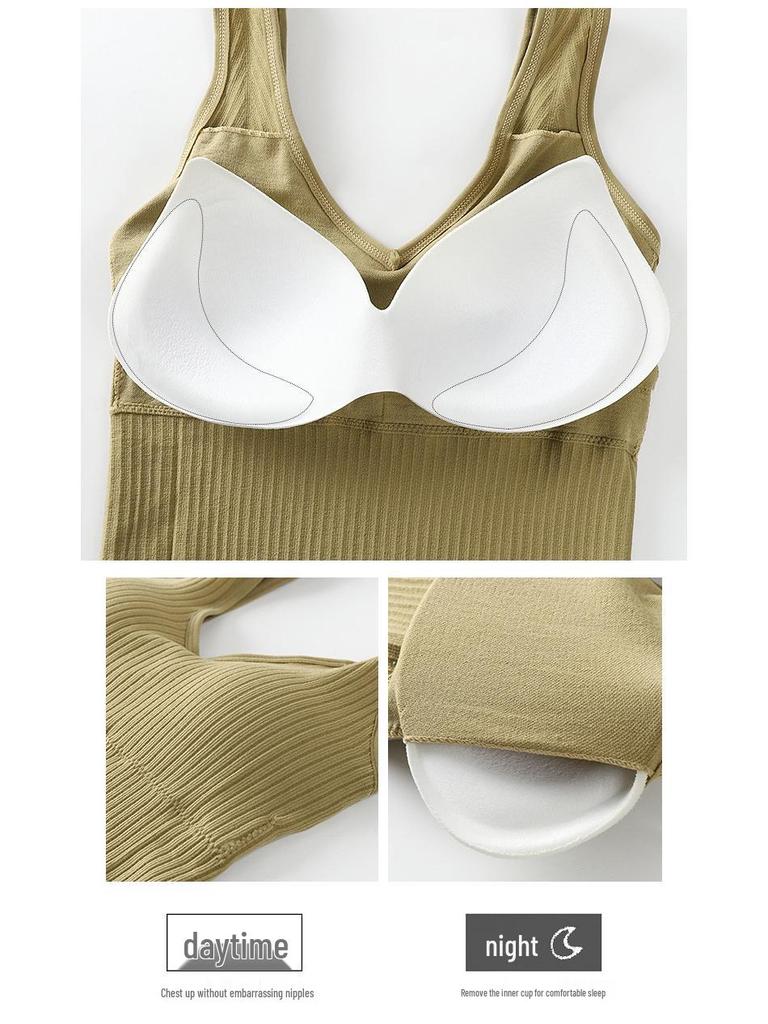 Čtyřsezónní bezešvé žebrované tílko s výstřihem do V, vestavěnou podprsenkou a stylovým designem zad