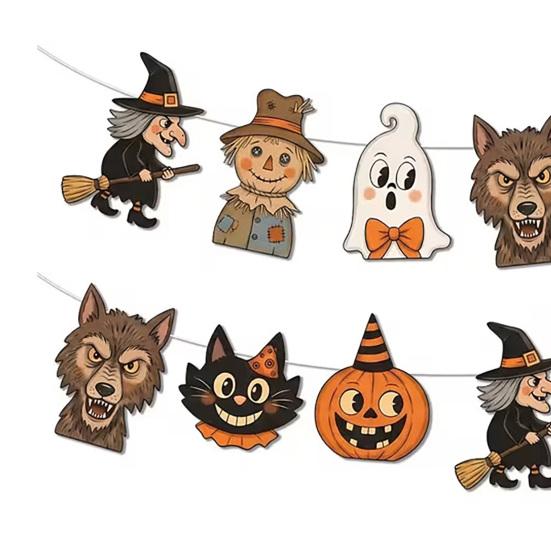Trick or Treat Party Decor 12Pcs Vintage Halloween Wood Banner, Retro Hanging Banner Garland, Bunting Holiday Fireplace Ornaments Decorations, Spooky