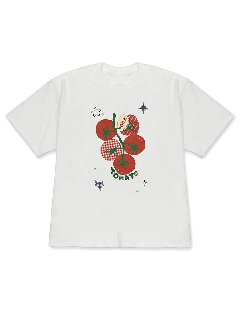 Retro Plaid Tomato Fun Printed Short-Sleeve T-Shirt Aesthetic Clothes Fashion Y2k Streetwear Casual Loose Print Clothing Unisex