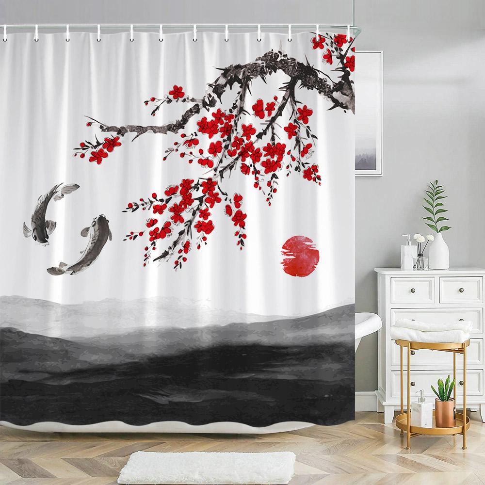 Chinese Landscape Landscape painting Shower Curtain Ink Painting Landscape Polyester Fabric Washable Bath Curtain Bathroom Decor