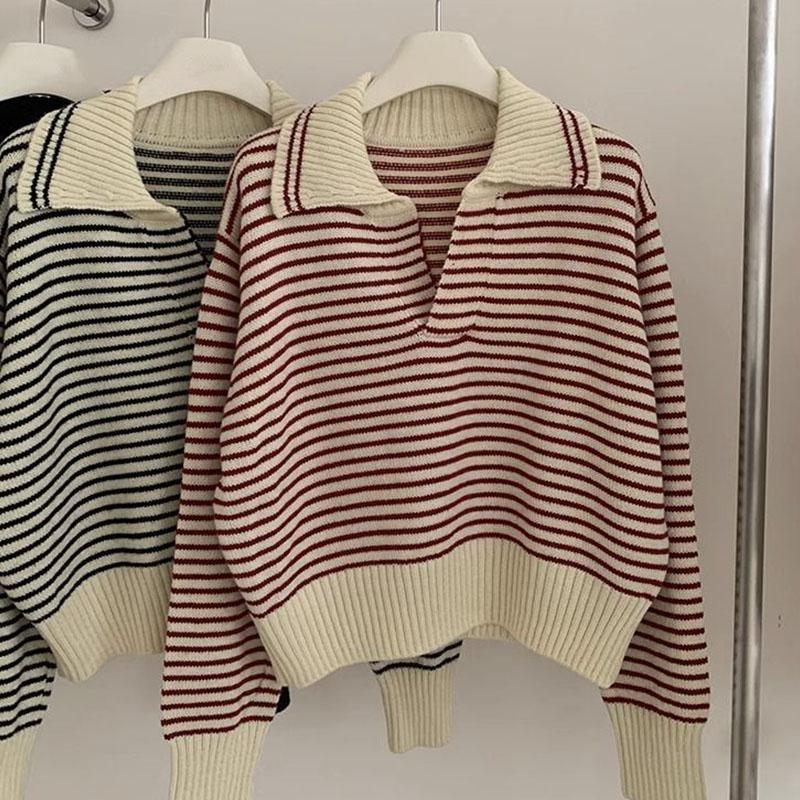 Pullover Sweater Female 2023 Korean Women Autumn Academy Sweater Loose and Slim Versatile Striped Top Long Sleeve Knit Sweater