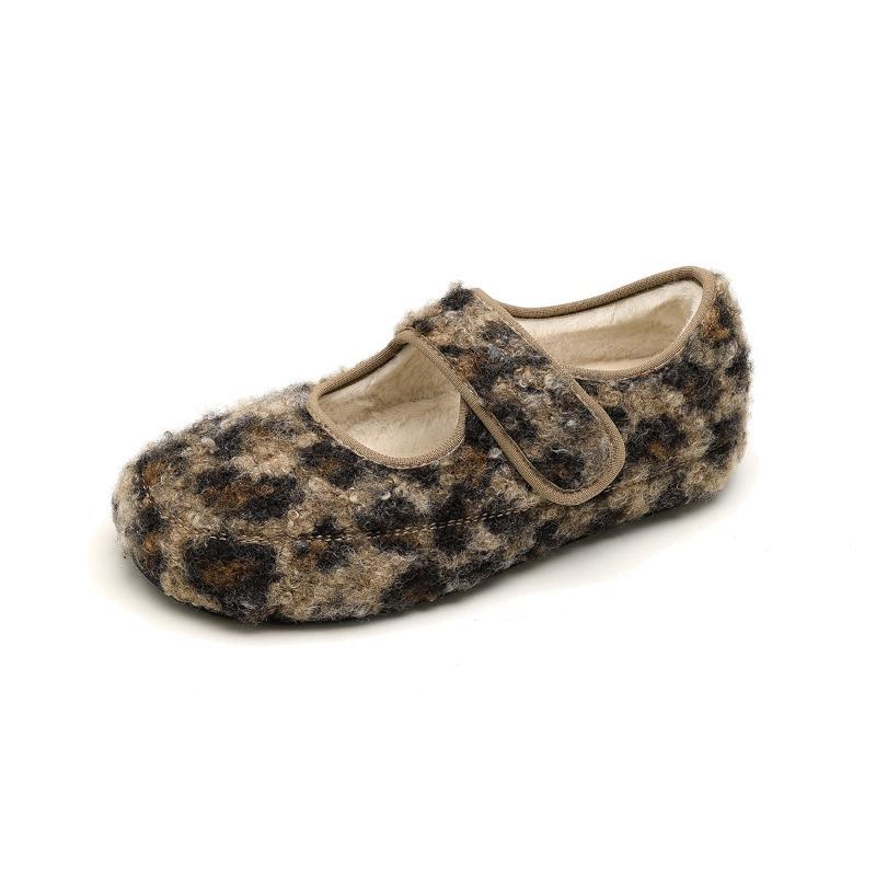 Wool Version~ Inner Height Increase Plush Wool Shoes Women's Autumn and Winter Warm Velcro Cotton Shoes Leopard Print Bag Heel