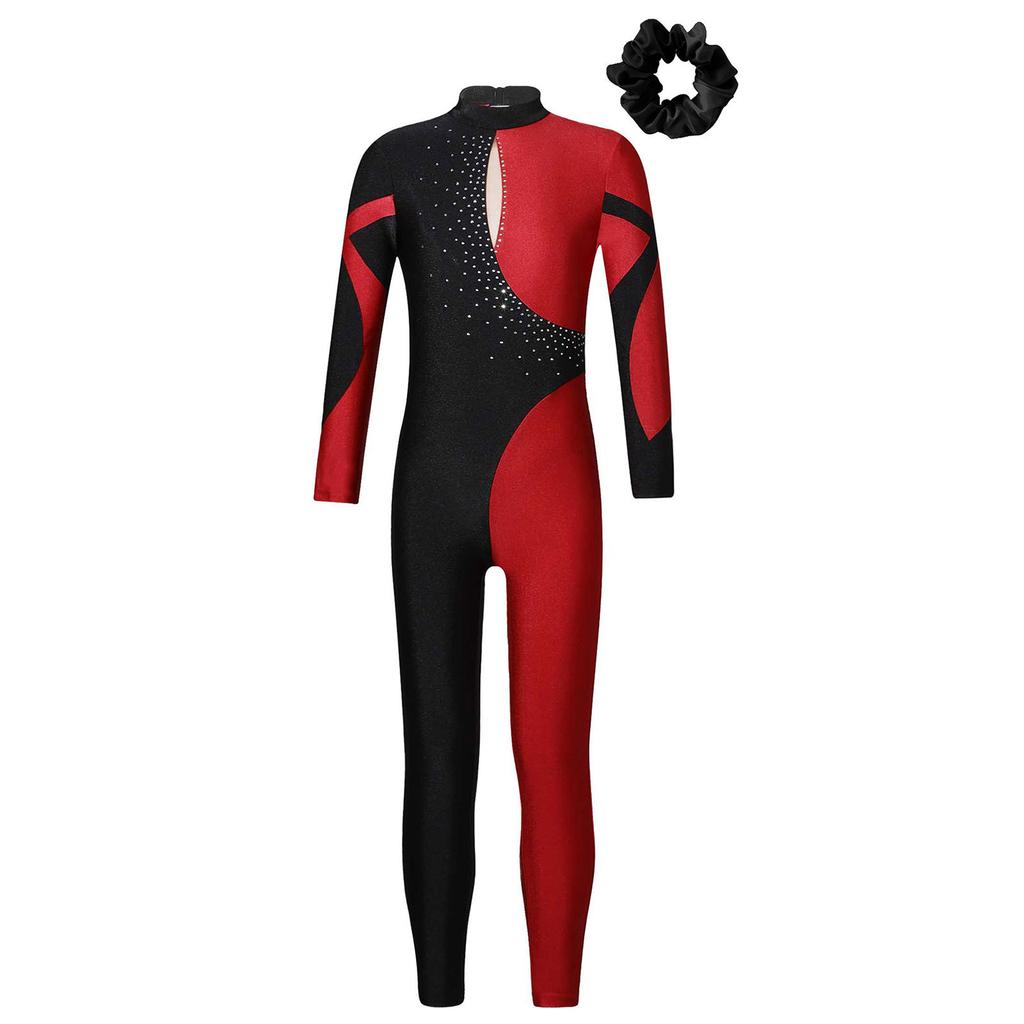 Girls Long Sleeve Stand Collar Shiny Rhinestone Contrast Color Hollow Back Dance Jumpsuit Hair Band