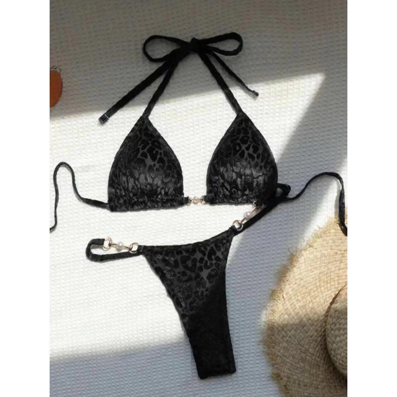 Sexy Leopard Samt Bikini Mini Mikro String Bikinis Damen Bademode Weiblicher Badeanzug Zweiteiliges Bikini-Set Neckholder Badeanzug Swim