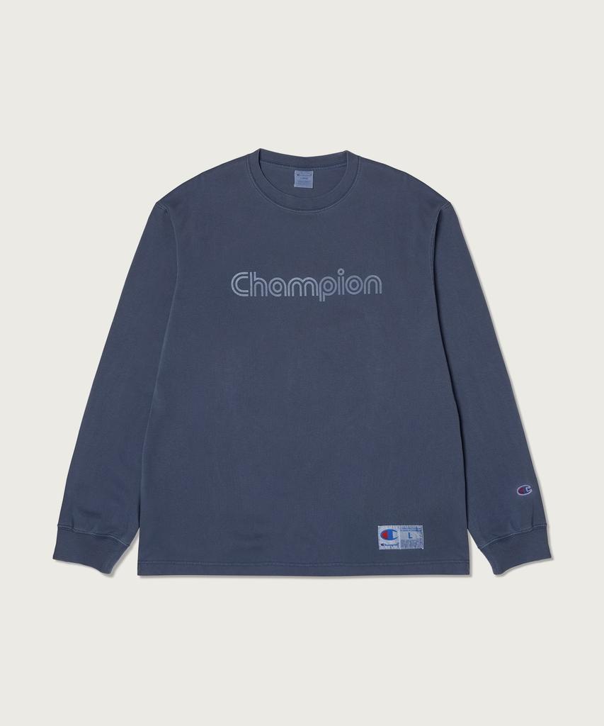 CHAMPION Track Logo Loose Fit Garment-Dyed Long Sleeve T-Shirt Blue