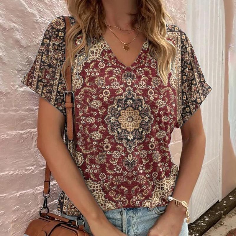Casual Bohemian Print Women's Short Sleeve V-Neck Top T-Shirt