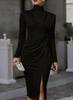 High Neck Pleated Long Sleeve Slim Fit Hip Wrap Dress Split Ends and Thin Temperament Women's Dress
