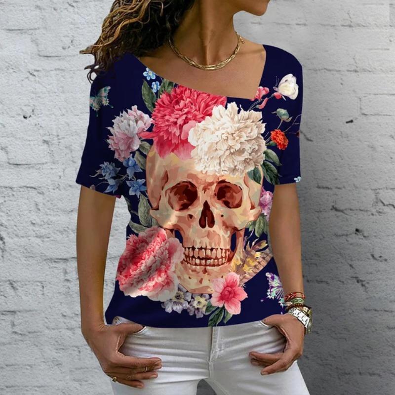 Vintage Skull Women's T Shirt 3D Printed Skew Collar Blouses Casual Short Sleeve Pullover Tops Summer Oversized Clothes Tees