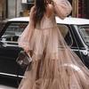 Suer new women's clothing V-neck fashion bubble sleeve mesh see-through dress, long dress