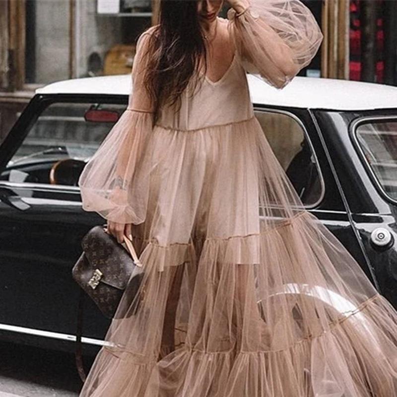 Suer new women's clothing V-neck fashion bubble sleeve mesh see-through dress, long dress