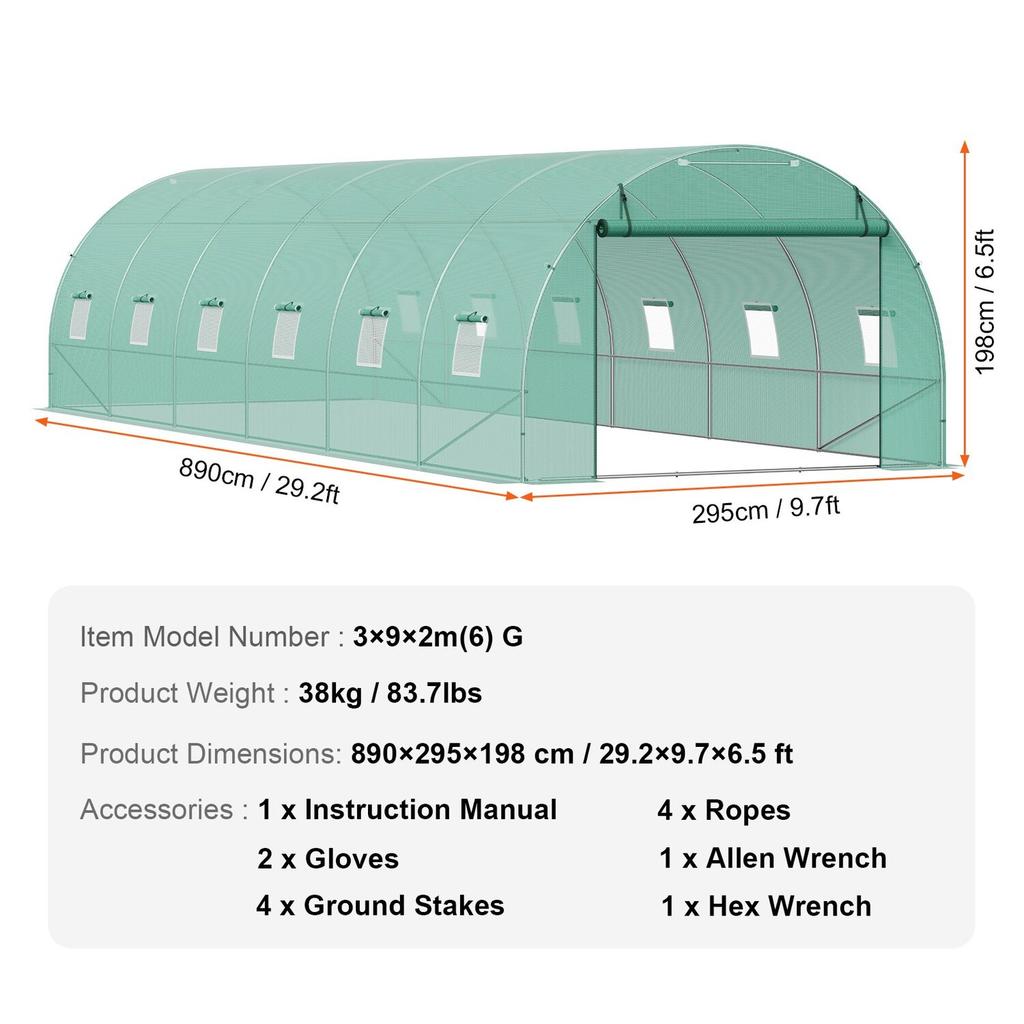 Walk-in Tunnel Greenhouse 29.2x9.7x6.5ft Galvanized Frame PE Cover Green