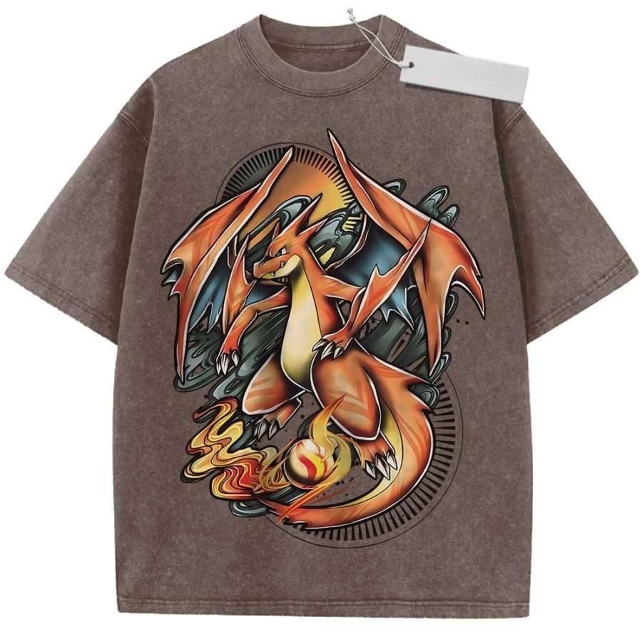 

Unisex Washed Vintage T Shirt Pokemon Charizard High Quality Fabric for Home Leisure Travel Shopping M