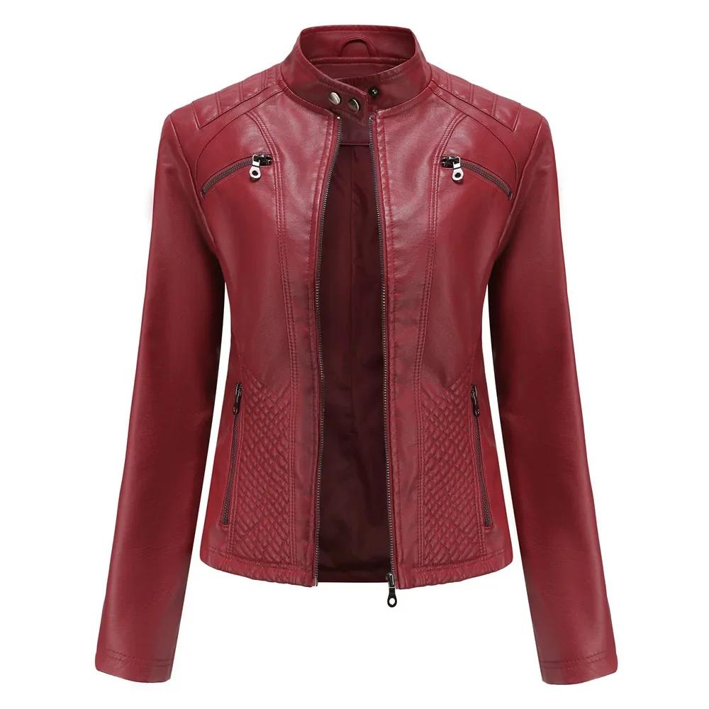 Women's Leather Coat Fashion Trend Simple Autumn Winter Stand Collar Zipper PU Leather Motorcycle Jacket for Women