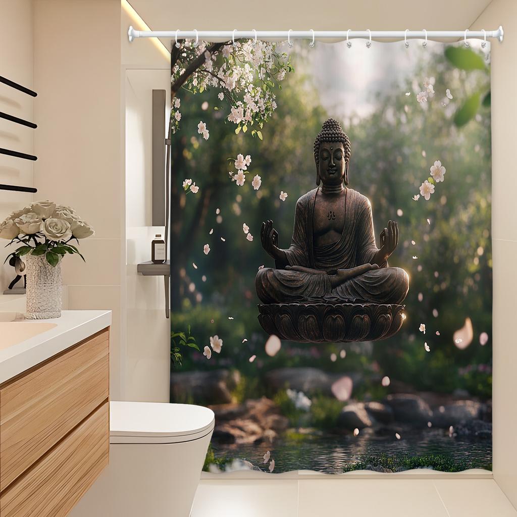 Serene Buddha Garden Shower Curtain - Tranquil Buddha Statue With Cherry Blossoms & Pond, Polyester,Meditative Ambiance