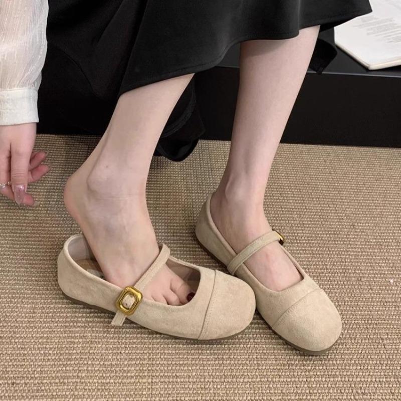 Gentle wind shallow mouth one-word buckle Mary Jane shoes summer new round head flat sole shoes retro Doudou shoes