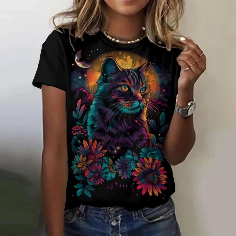 Summer O-Neck Short Sleeve Women's T-Shirt 3d Printed Black Cat Pattern T-Shirt Pullover Top Fashion Street Female Clothing 2024