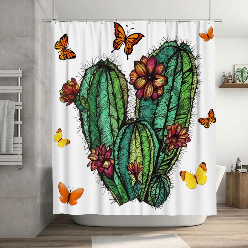 Hand-drawn Cactus Shower Curtain Flower Pattern Decorative Bath Linen Fabric Waterproof Shower Curtains Home Decoration