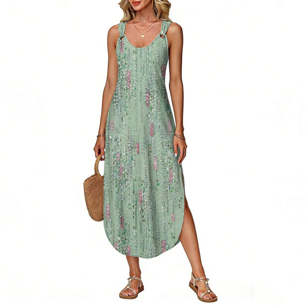 Women's summer long dress, sleeveless with side slits, long retro printed camisole dress
