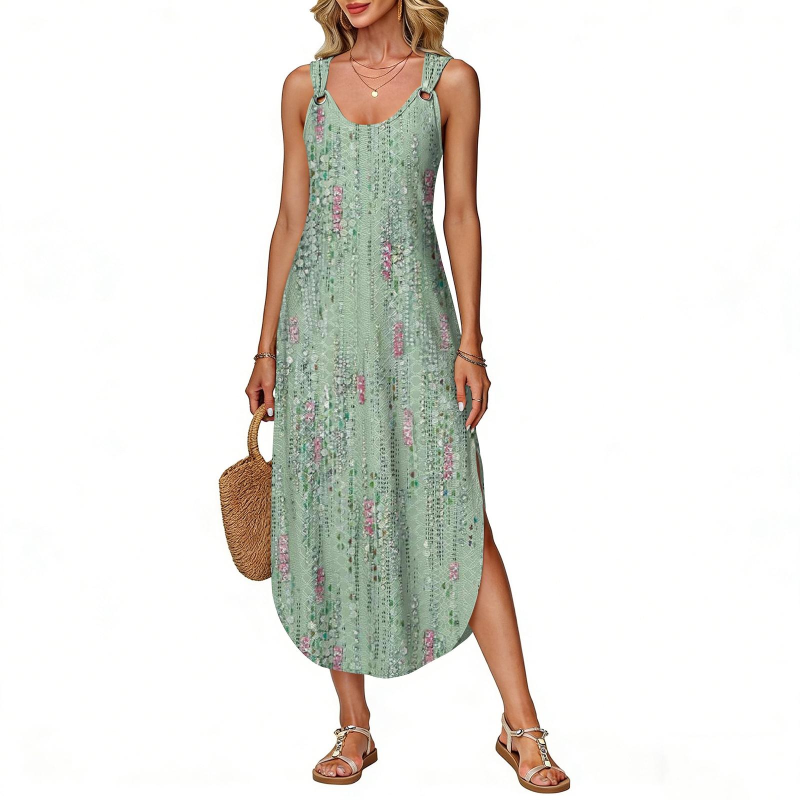 

Women s summer long dress, sleeveless with side slits, long retro printed camisole dress XXL