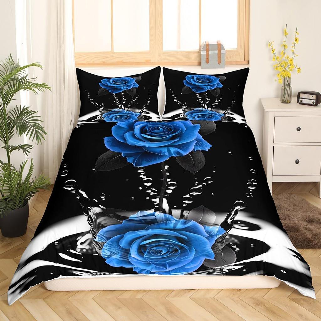 Blue Rose Digital Printed Duvet Set Three-Piece Valentine'S Day Gift Suitable For Bedroom Decoration Bedding