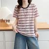 2025 Summer Women's Plus Size Jacquard Stripe Lace T-Shirt - Short Sleeve Fashion Slimming Top