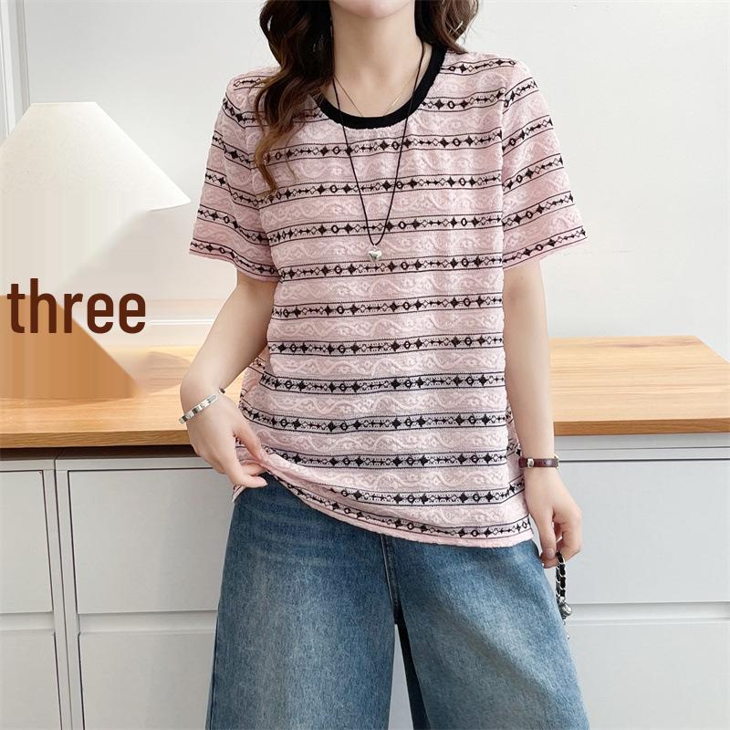 2025 Summer Women's Plus Size Jacquard Stripe Lace T-Shirt - Short Sleeve Fashion Slimming Top