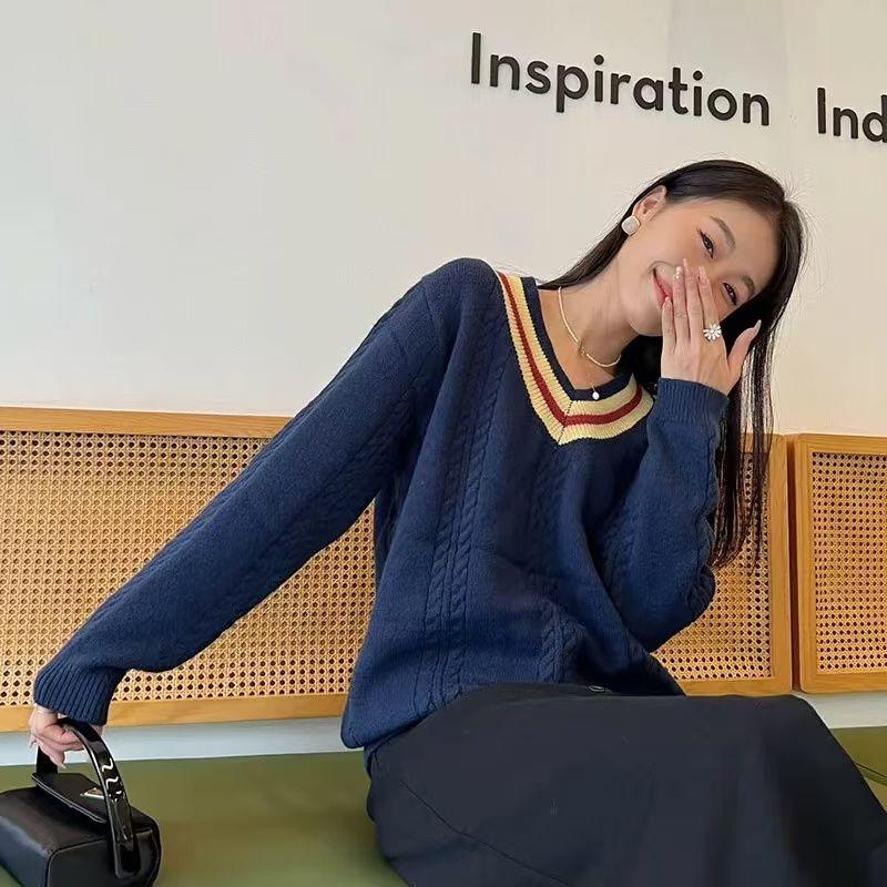 

Sunshine House Autumn and Winter New Arrival K-style Women s Clothing Preppy Style Color Matching Cable Stitch Thick Sweater Loose Knitwear Dark Blue L: Bust size 112