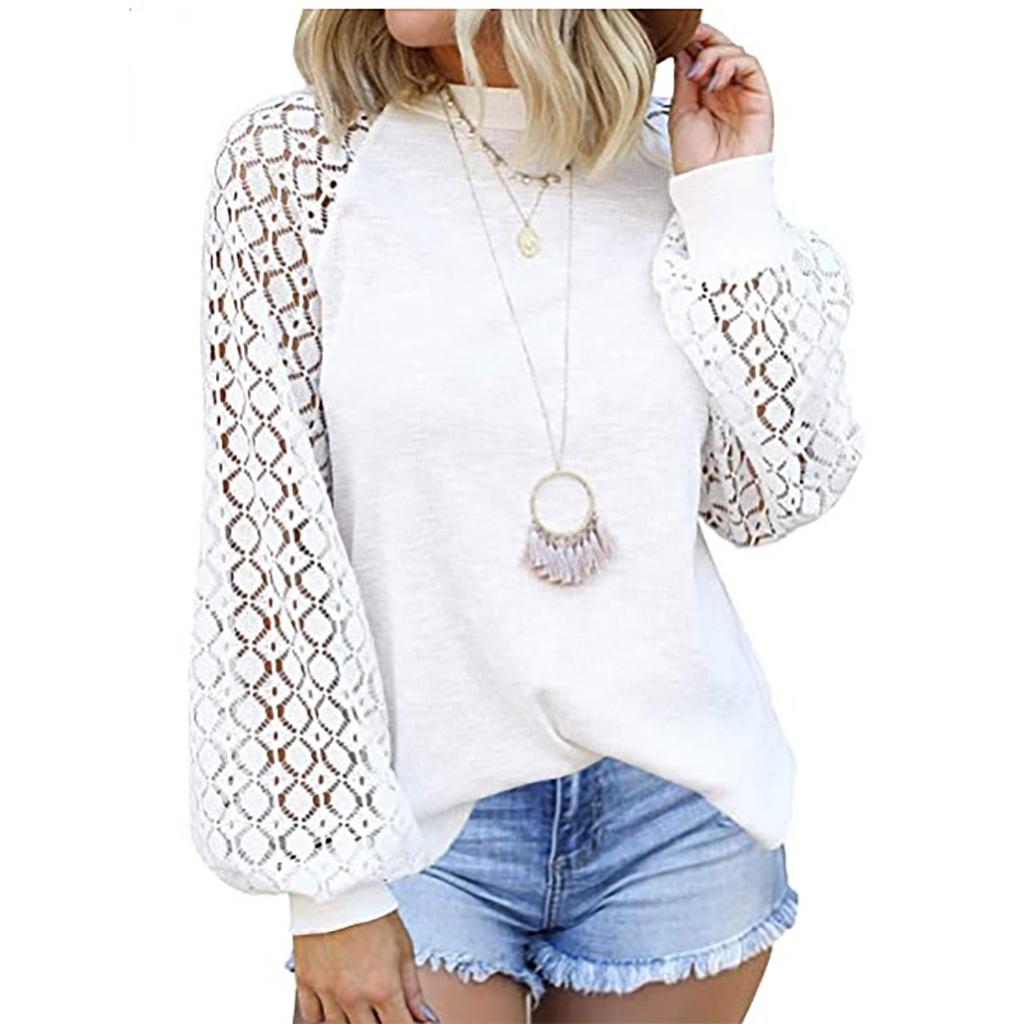 Women's Fashion Casual Blouse  Soild Long Sleeve Lace Splicing Loose Top