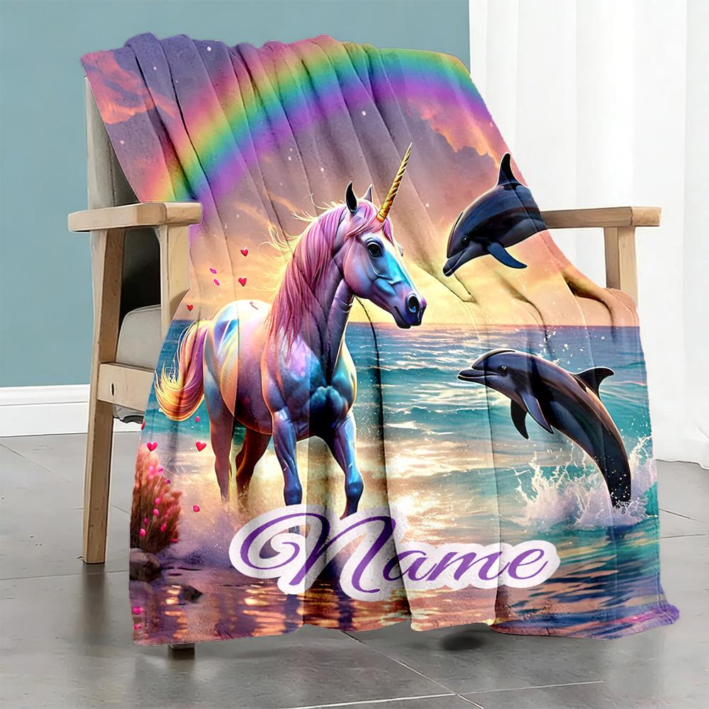Unicorns Dolphins Customize Text Blanket Lightweight Personalized Blanket Soft Warm Cozy Throw For Seaside Bedding Picnics Living Room