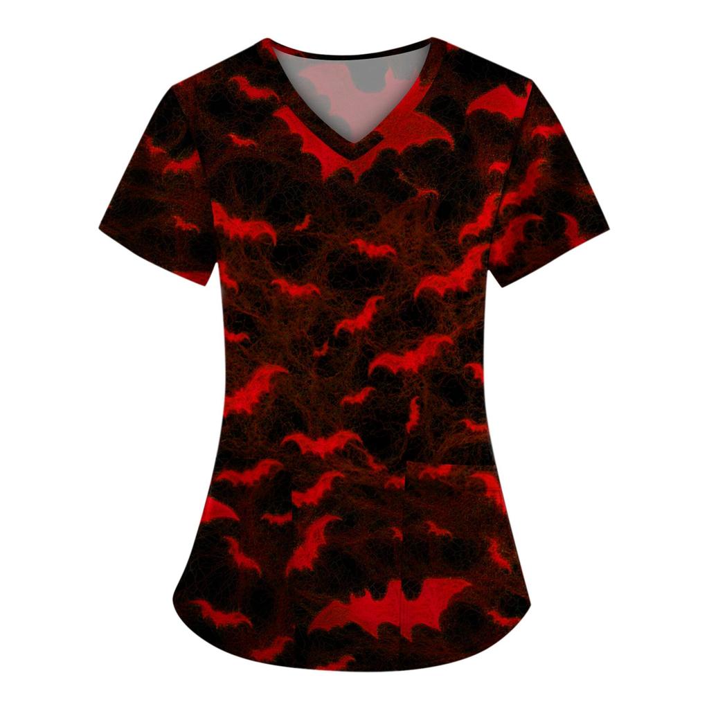 Plus SizePrinted Scrub Working Uniform Tops For Women's Cross V-Neck Halloween Print Short Sleeve Fun T-Shirts Workwear Tee With Pockets