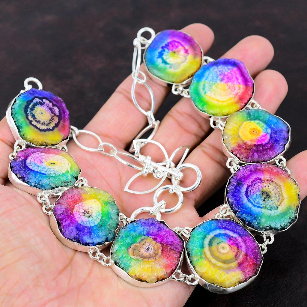 Regenbogen Solar Quarz Druzy Halskette 925 Sterling Silber Halskette verstellbare Kette Halskette Geschenk für Frauen handgemachte Halskette Edelstein Schmuck