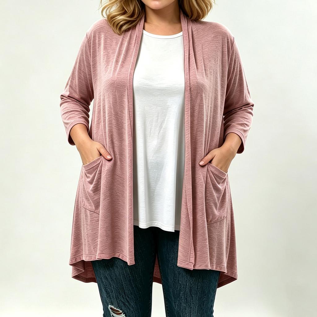 Women's Plus Size Soft Three-Quarter Sleeve Cardigan with Pockets
