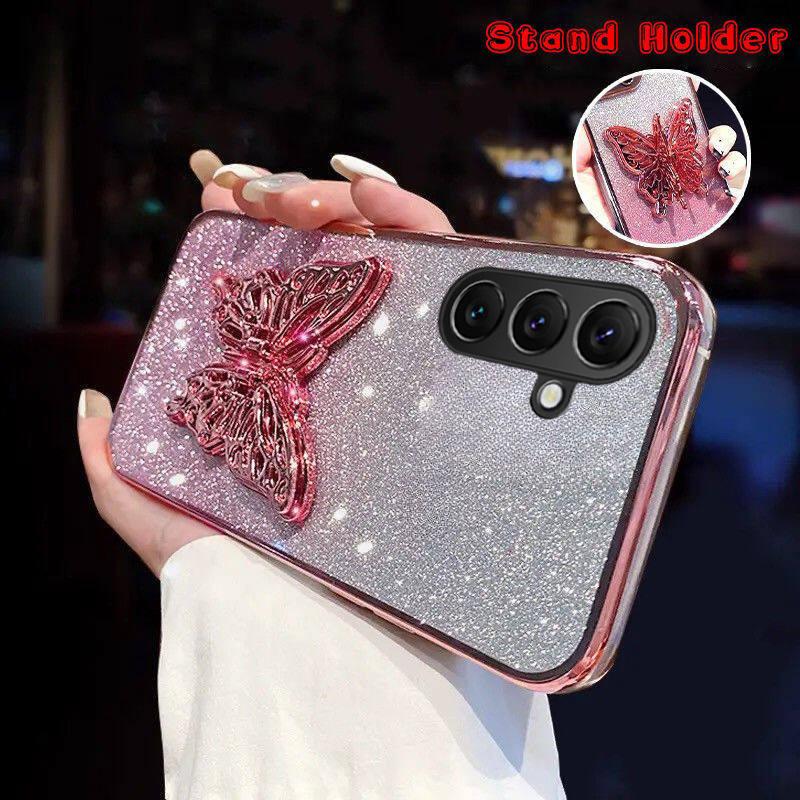 For Samsung Galaxy S25 FE / S26 FE Case with Cute Butterfly Stand Luxury Slim Gradient Clear Plating Glitter Girls