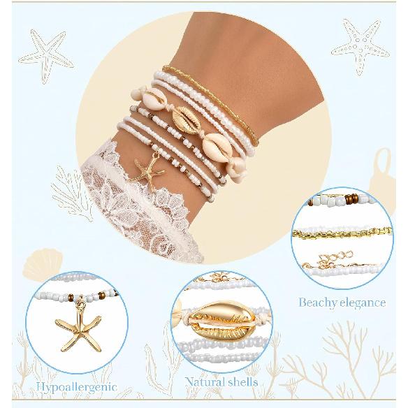 7PCS Shell Bracelets, Stackable Beachy Bracelets for Women