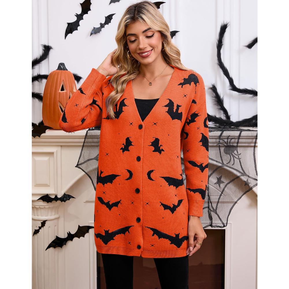Women's V Neck Long Sleeve Halloween Bat Print Loose Fit Commuter Knit Cardigan