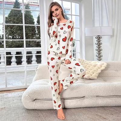Conjunto de 2 piezas de ropa interior de invierno para mujer, conjunto de pijamas de manga larga con cuello redondo y estampado de corazón, muy elástico, para otoño y primavera, ropa de dormir para el hogar