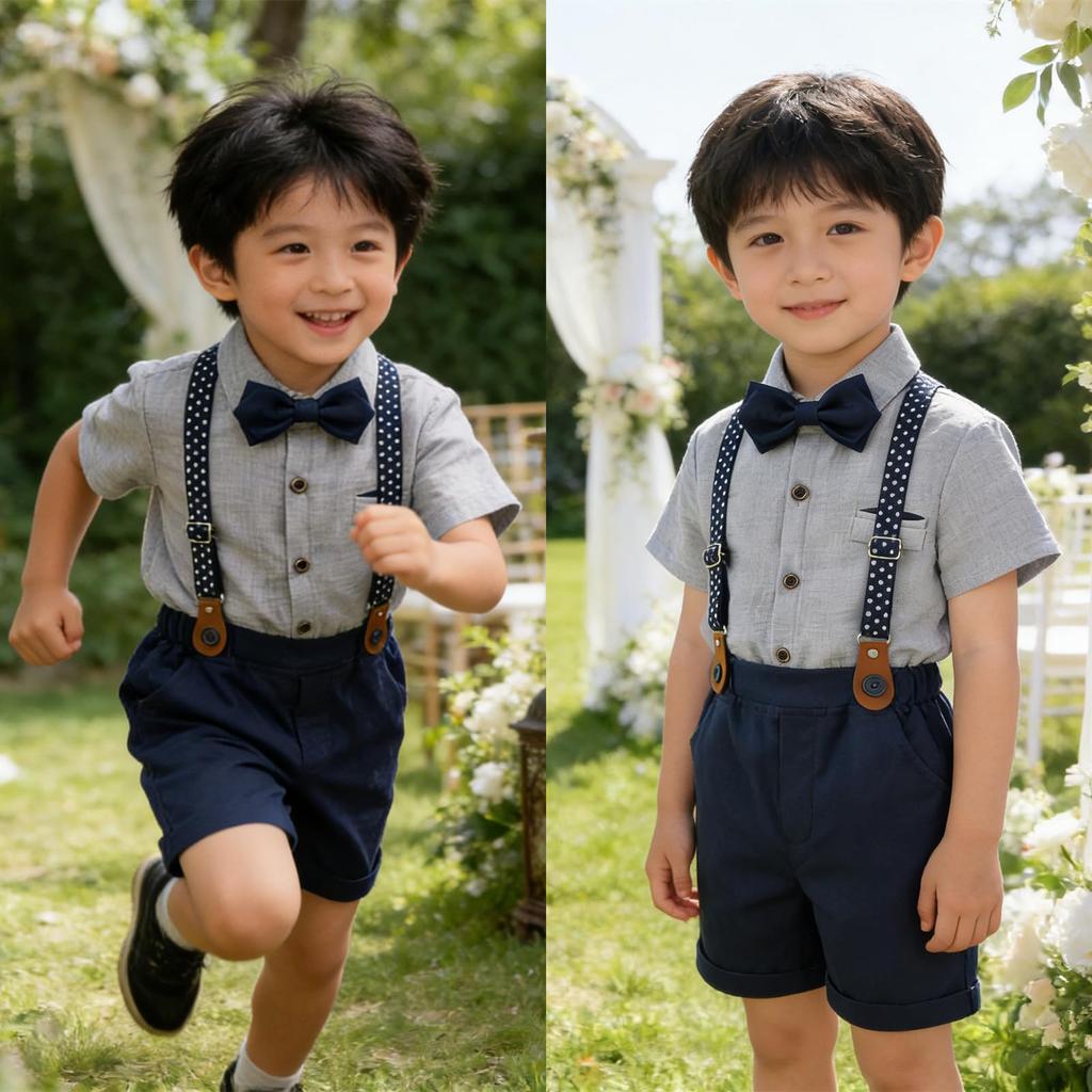 [Sivrusn] Boys' Formal Suit, Short-Sleeved, 4-Piece Set, Summer Suit, Kids' Costume, Children's Clothing, Perfect for Shrine Visits, Graduation