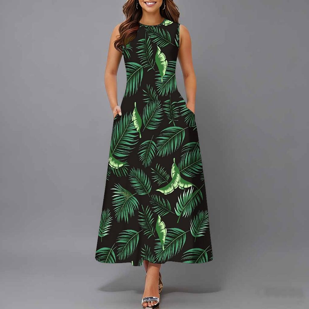 Plus Size Women Sleeveless Crew Neck Dress Fresh Mini Bouquet Flowy Mid Calf Dress