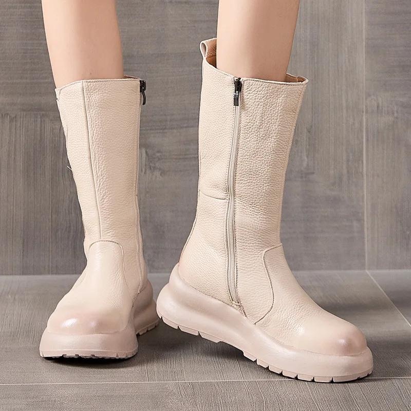 Fashion 5CM Luxury Design Women Mid Calf Boots Winter Thick Sole Wedges National Style Embroidery Warm Genuine Leather Long Boots