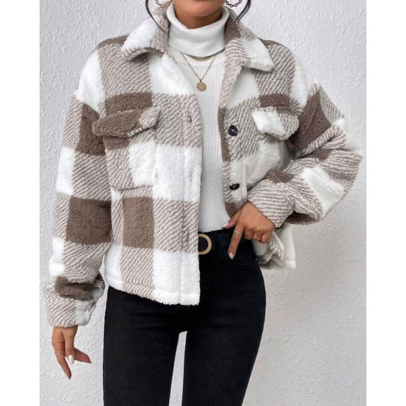 

European & American Double-Sided Plush Pocket Button Cardigan for Women Medium хакі