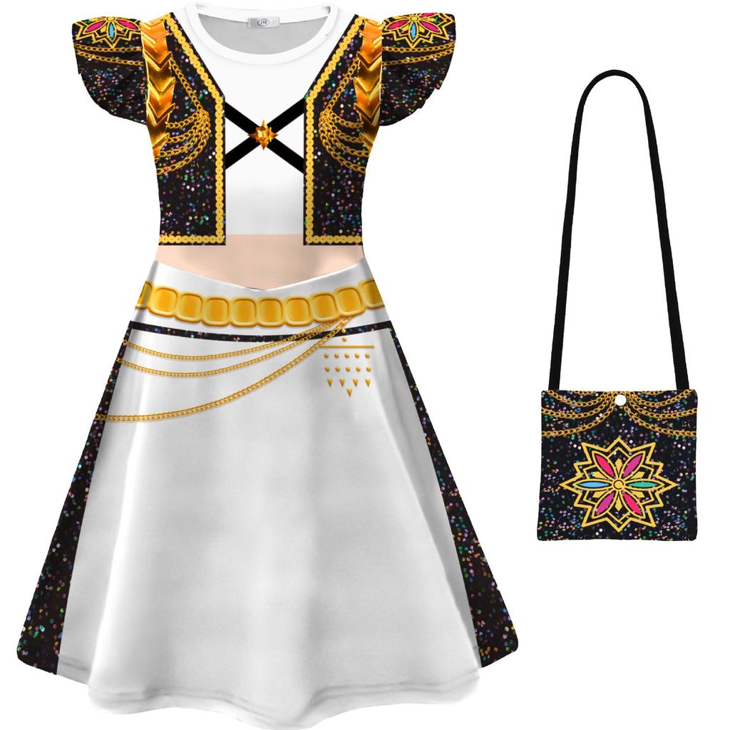K-POP Hexenjagd Performance Cosplay Mädchen fliegende Ärmel Milchseide Kleid+Tasche Halloween Rollenspiel Kostüm Kinderkleid