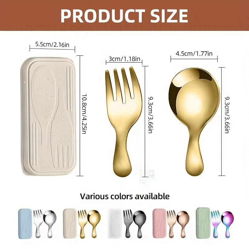 3pcs Portable Cutlery Set, Stainless Steel Short Handle Round Head Spoon, Mini Spoon and Fork Set Boxed