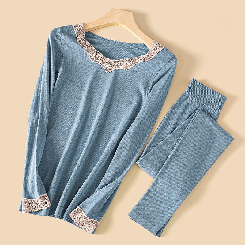 Women's V-Neck Lace Thermal Underwear Set - German Velvet & Sheep Wool, Slim Fit, Autumn/Winter Collection