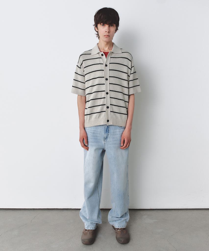 Insilence Striped Boucle Polo Cardigan Light Beige