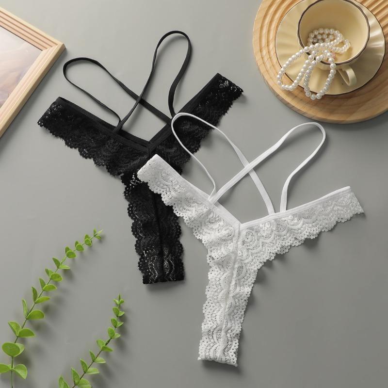 2pcs of Women's Summer Sexy Lace Hollowed Out Solid Color Pure Wind Triangle Panties