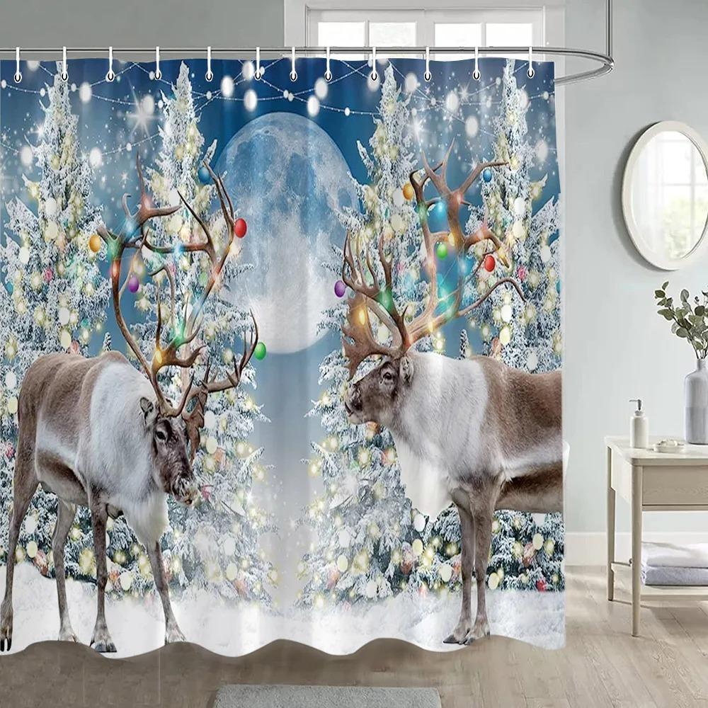 Winter Christmas Shower Curtain Funny Snowman Xmas Trees Fireplace Truck Forest Snowy Scene New Year Holiday Home Bathroom Decor