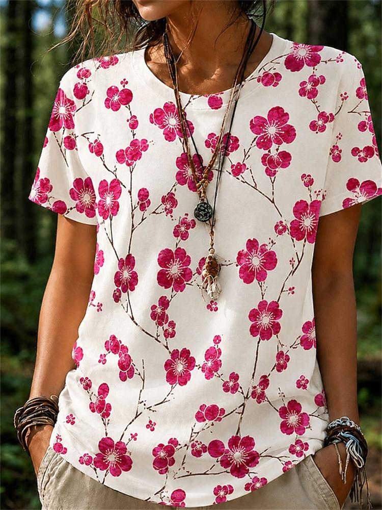 Women's Summer Fashion Casual T-Shirt 3D Floral Print Round-Neck Short-Sleeve Top Elegant and Chic Women's Short-Sleeve Top