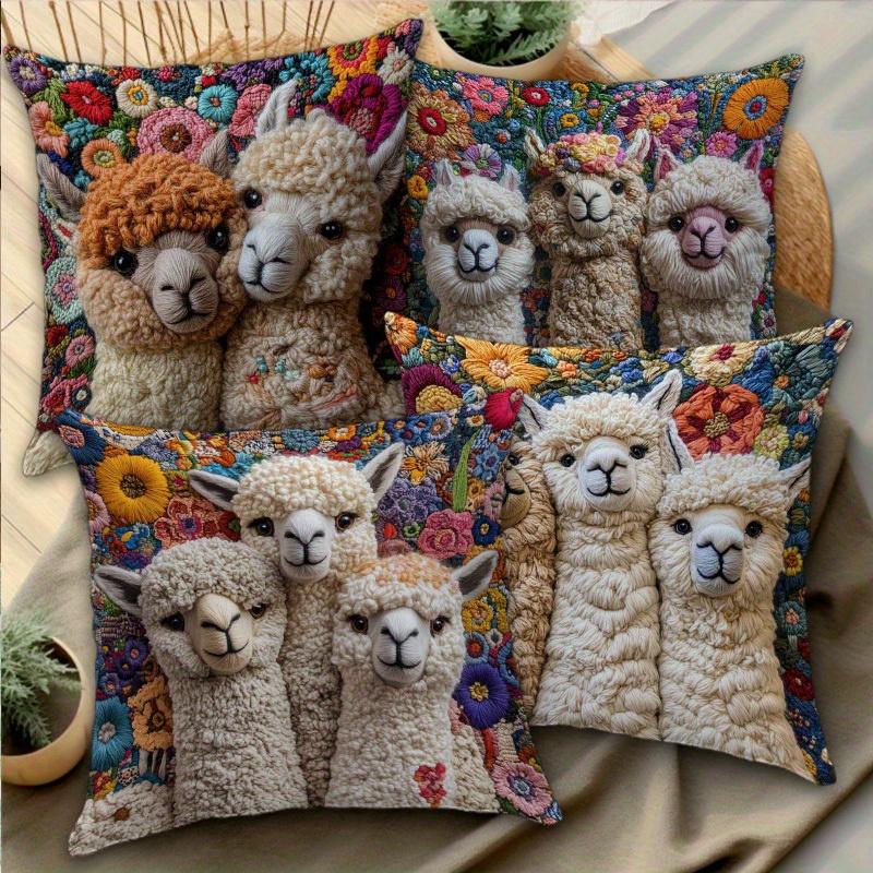 1/4Pcs Llama-Printed Floral Pillow Covers Sofa Cushion Cover Home Bedroom Room Decoration