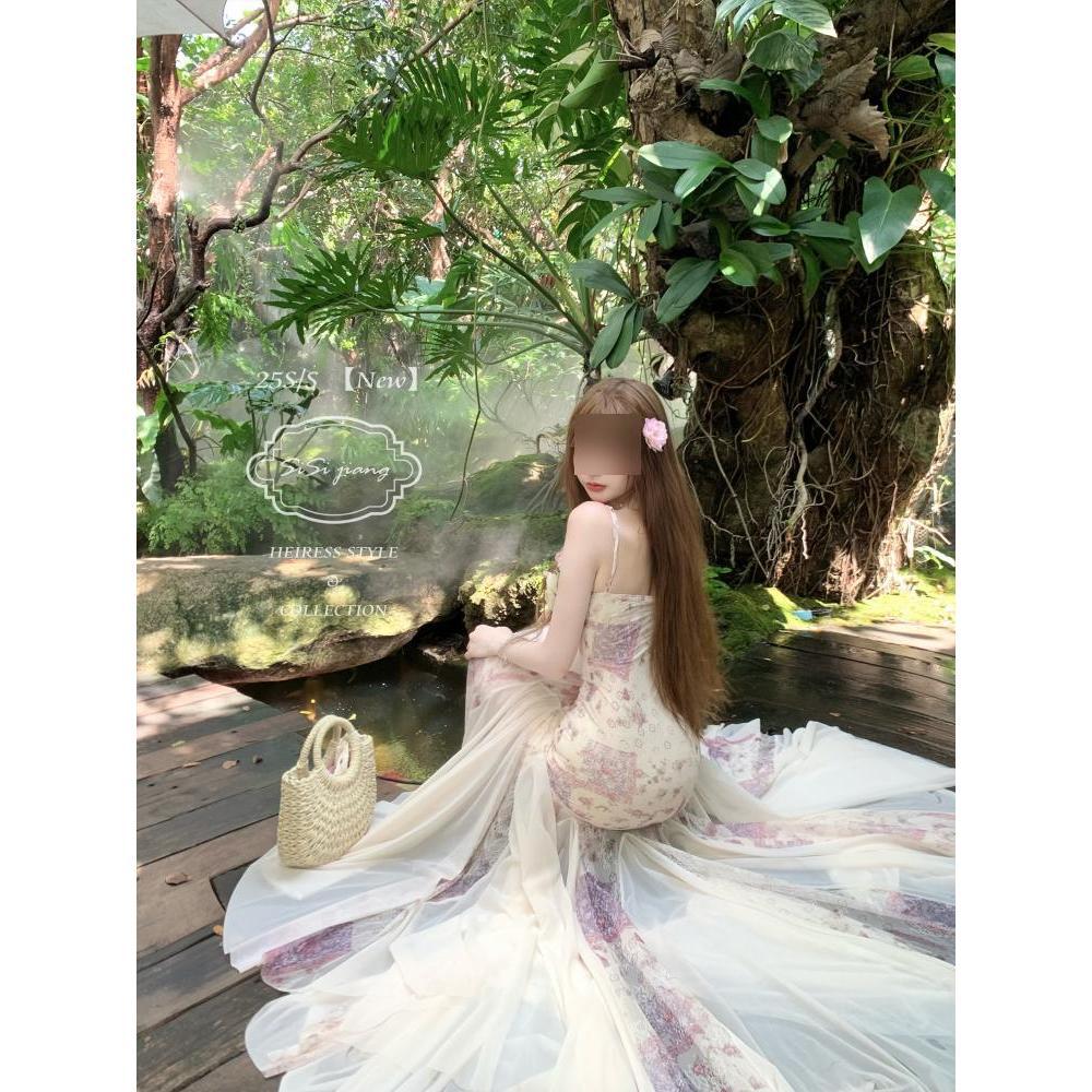 Women's summer seaside vacation waist is beautiful, beautiful floral mesh suspender dress, hip-wrapped fishtail dress