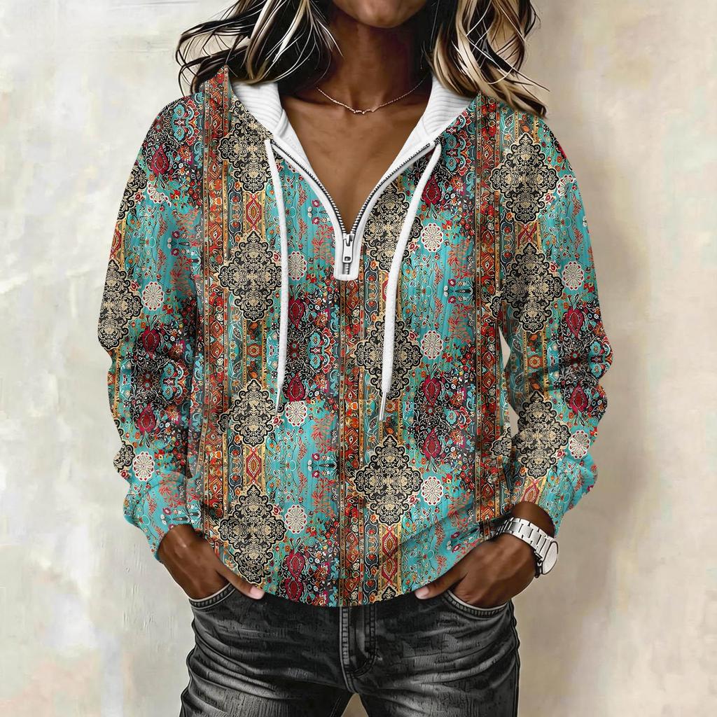 Women's Retro Print Long Sleeve Pullover Hoodie with